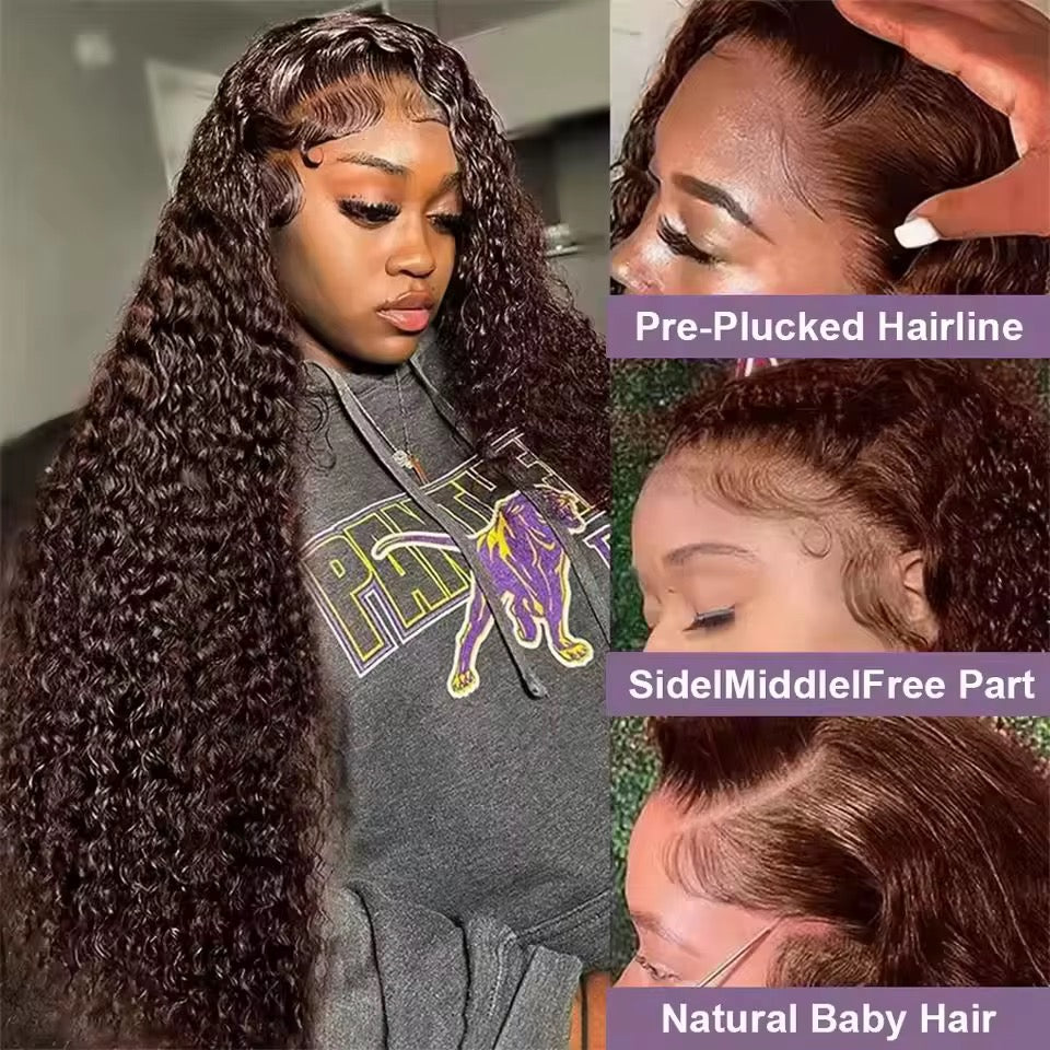 CurlyViva chocolate brown luxury water wavy HD lace frontal wig