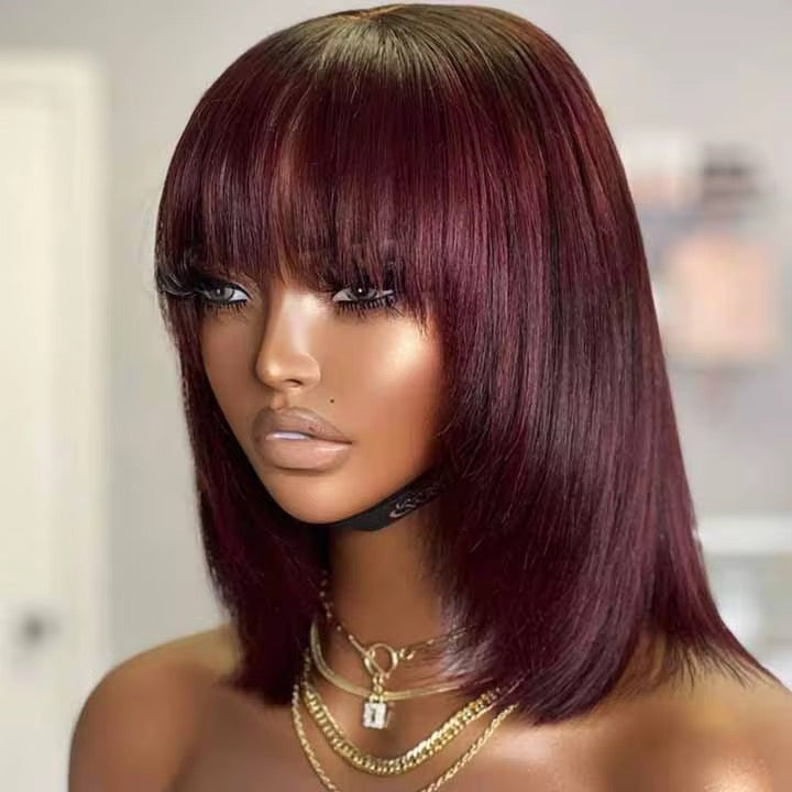 CurlyViva luxury human hair, Burgundy short bob wig with fringe