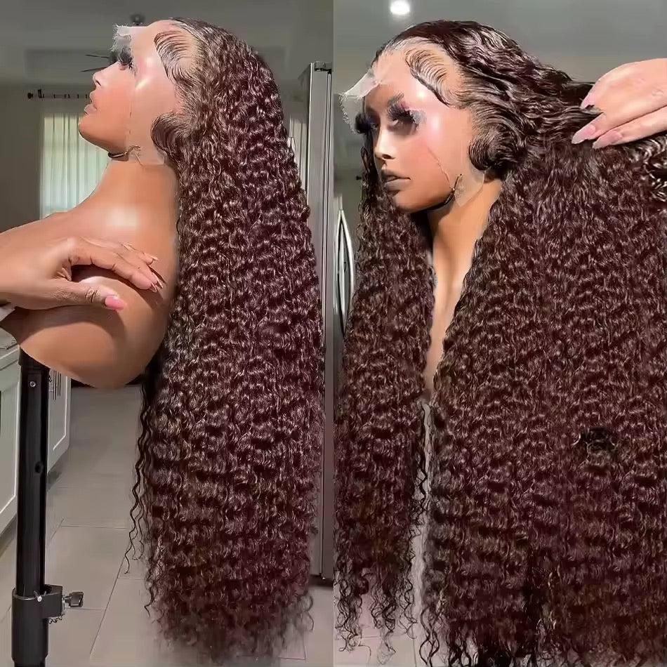 CurlyViva chocolate brown luxury water wavy HD lace frontal wig