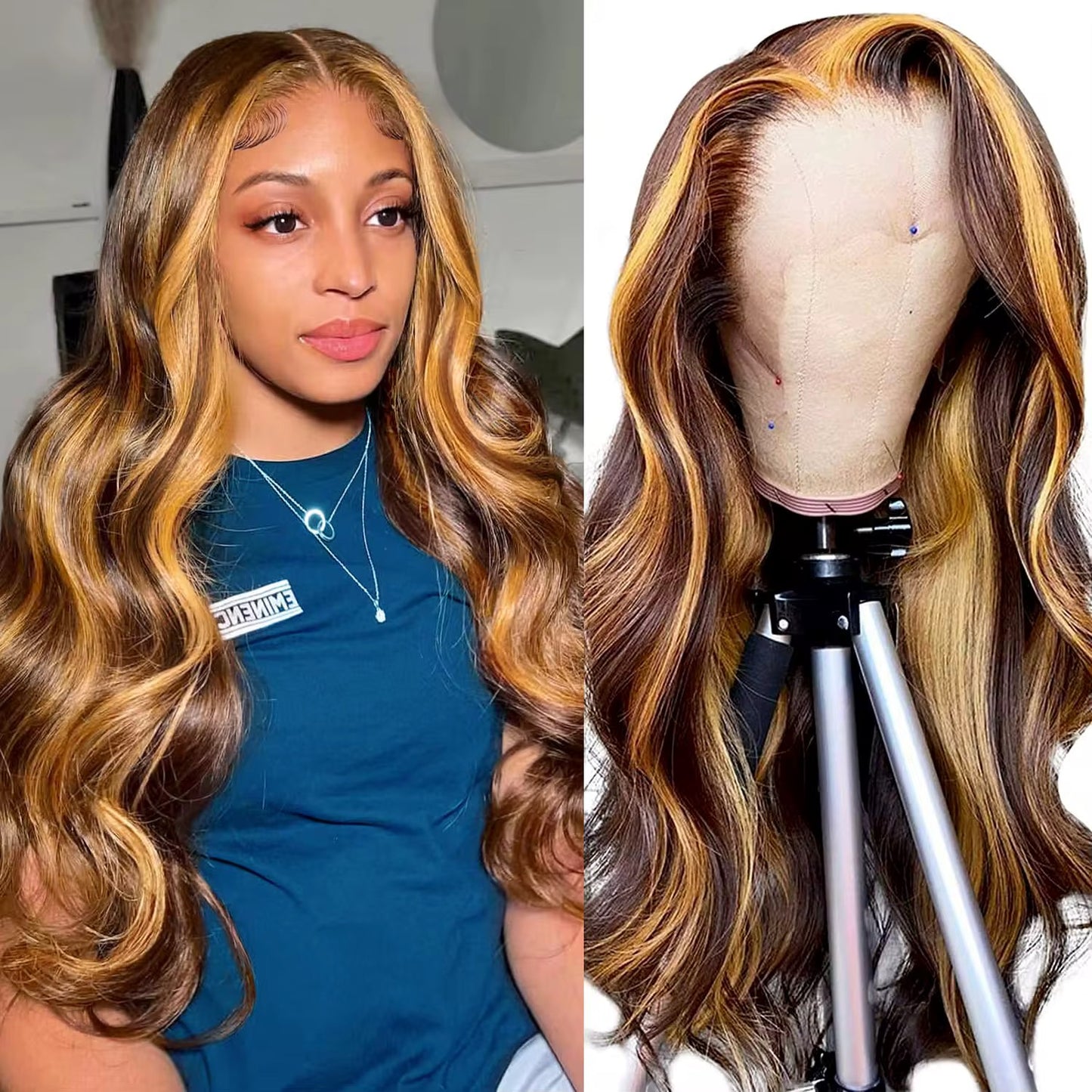Luxury body wavy highlight frontal wig.HD lace