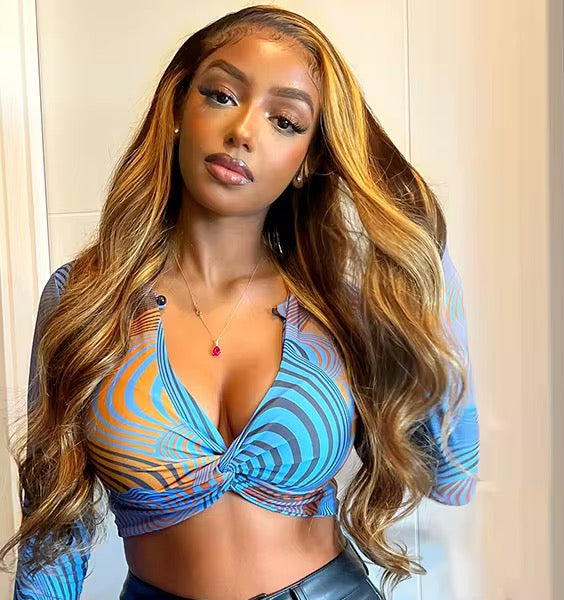 Luxury body wavy highlight frontal wig.HD lace
