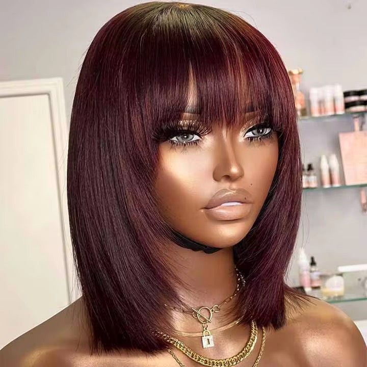 CurlyViva luxury human hair, Burgundy short bob wig with fringe