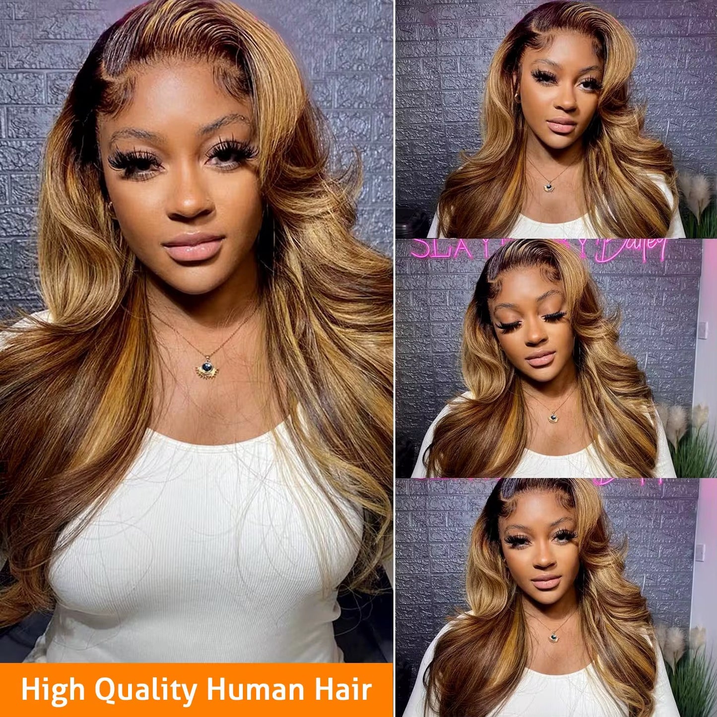 Luxury body wavy highlight frontal wig.HD lace