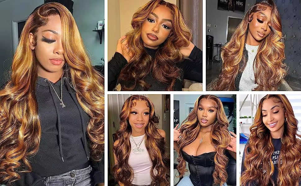 Luxury body wavy highlight frontal wig.HD lace