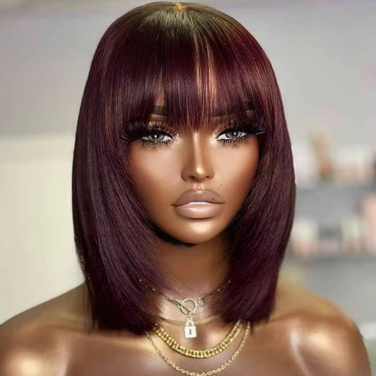 CurlyViva luxury human hair, Burgundy short bob wig with fringe
